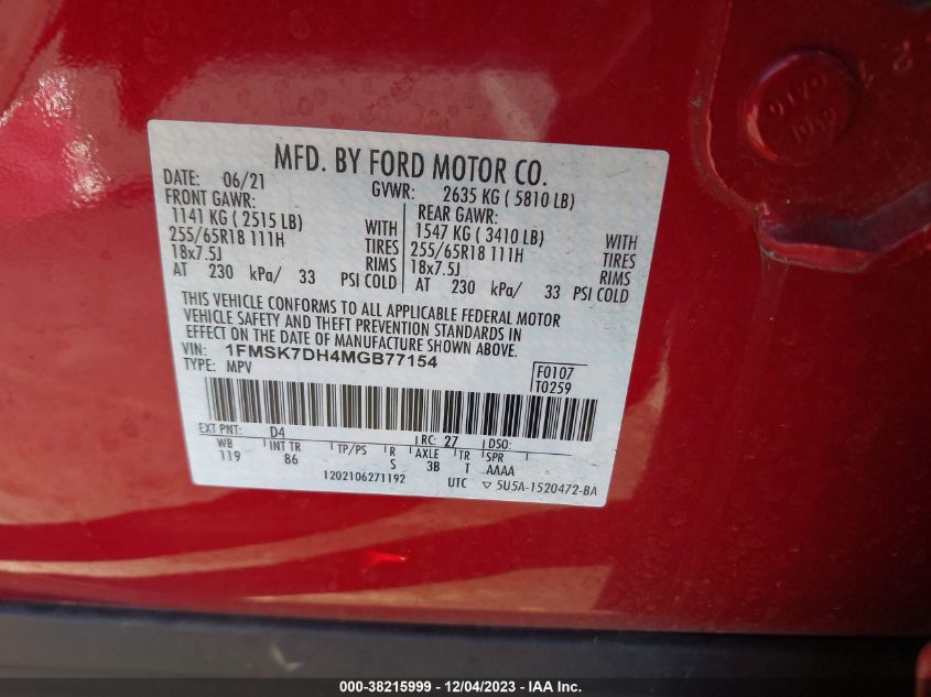2021 FORD EXPLORER XLT - 1FMSK7DH4MGB77154