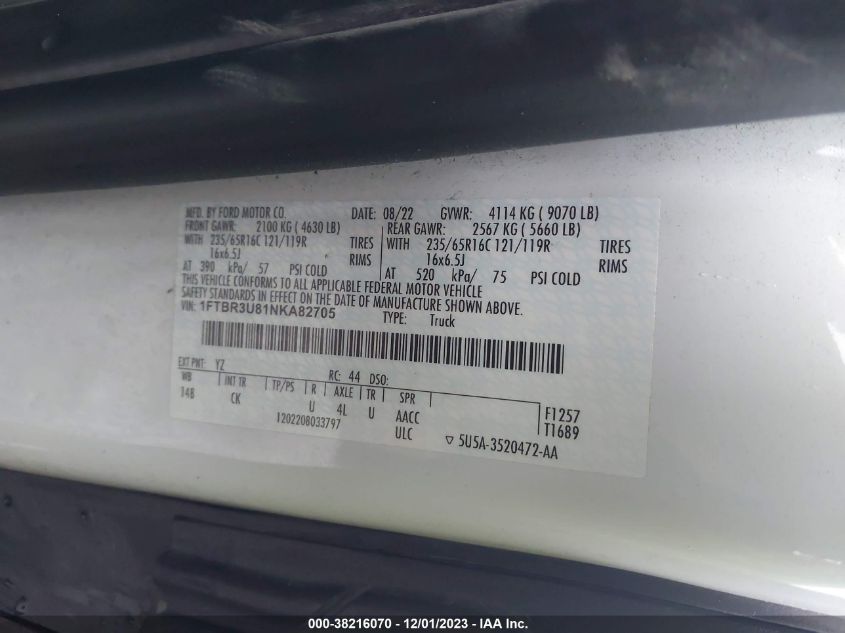 2022 FORD TRANSIT-250 CARGO VAN 1FTBR3U81NKA82705