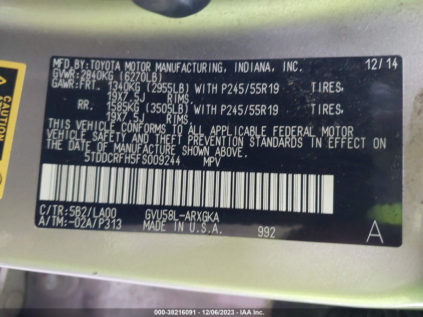 2015 TOYOTA HIGHLANDER HYBRID LIMITED PLATINUM V6 - 5TDDCRFH5FS009244