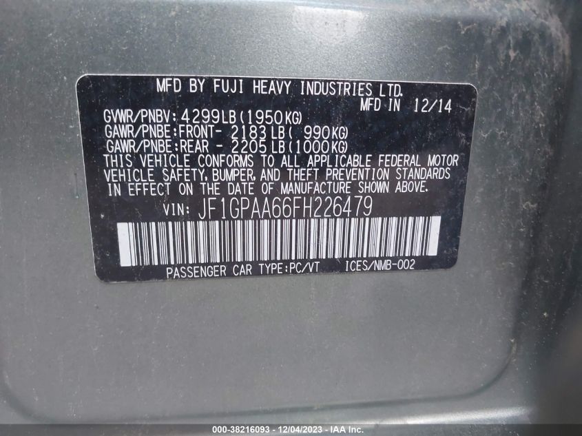 2015 SUBARU IMPREZA 2.0I - JF1GPAA66FH226479