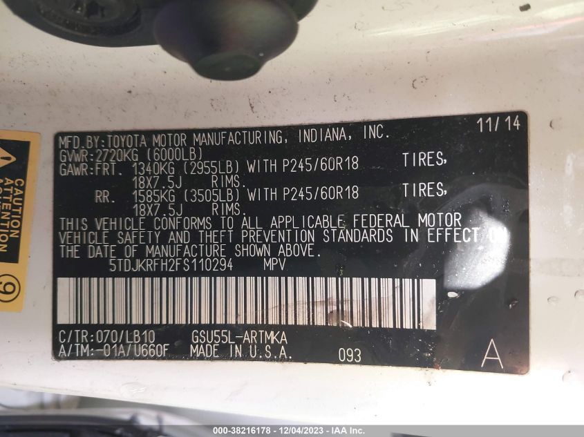 2015 TOYOTA HIGHLANDER XLE - 5TDJKRFH2FS110294