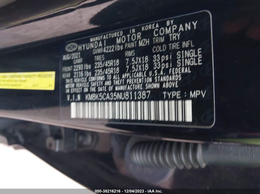 2022 HYUNDAI KONA LIMITED - KM8K5CA35NU811387