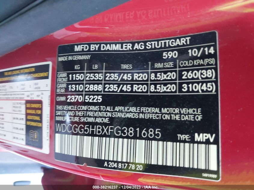 2015 MERCEDES-BENZ GLK 350 WDCGG5HBXFG381685