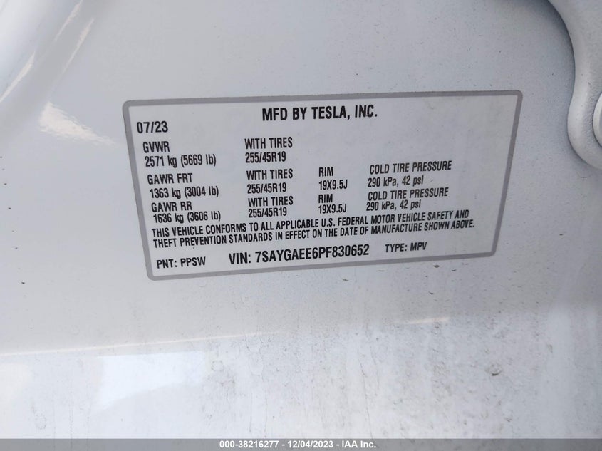 VIN 7SAYGAEE6PF830652 2023 TESLA MODEL Y