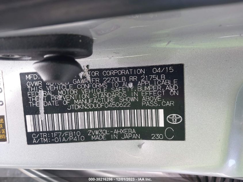 2015 TOYOTA PRIUS - JTDKN3DU0F0450622