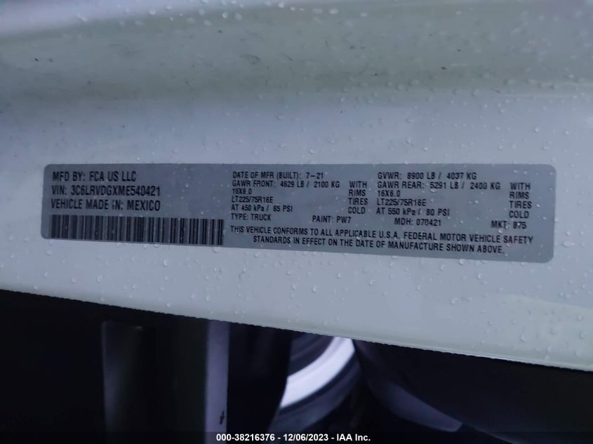 2021 RAM PROMASTER 2500 HIGH ROOF 159" WB 3C6LRVDGXME540421