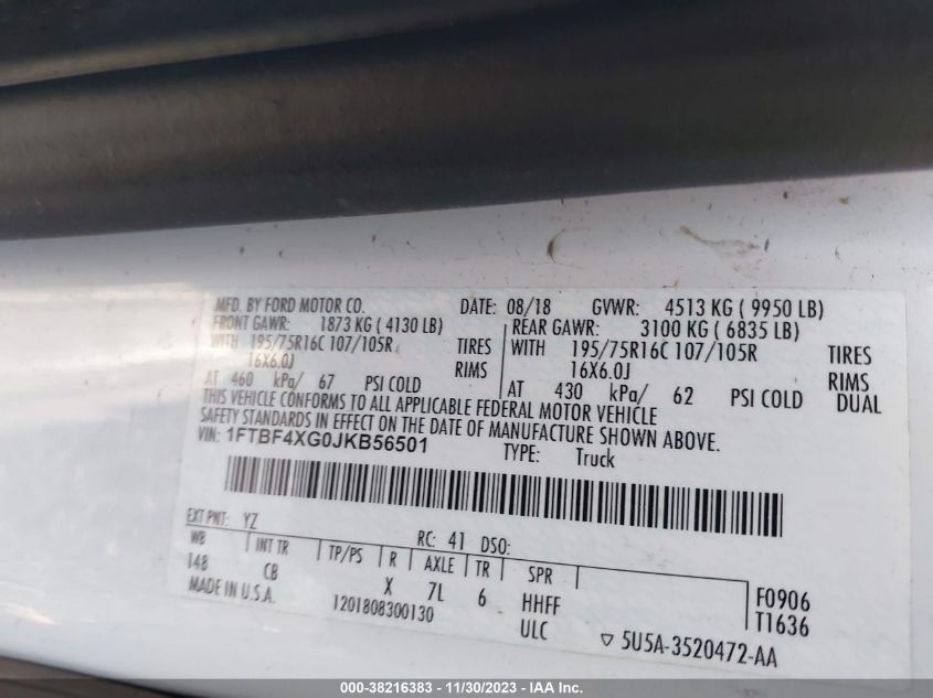 2018 FORD TRANSIT-350 1FTBF4XG0JKB56501
