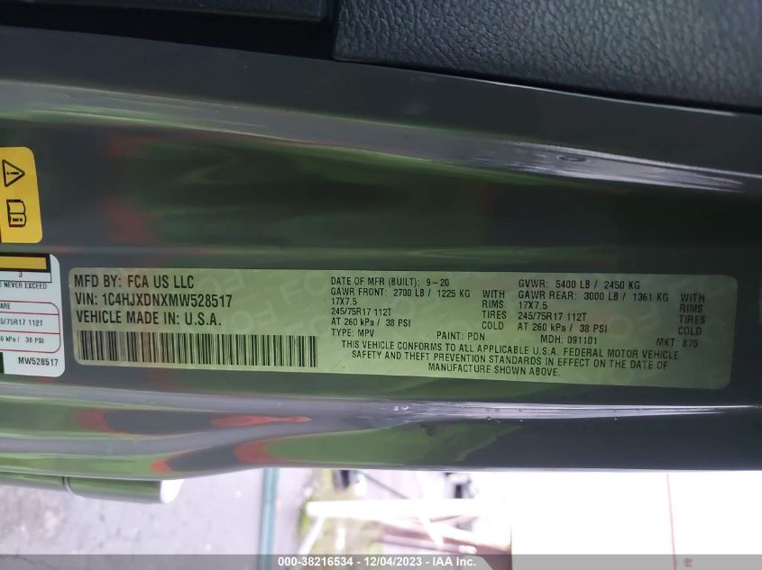 2021 JEEP WRANGLER UNLIMITED SPORT - 1C4HJXDNXMW528517