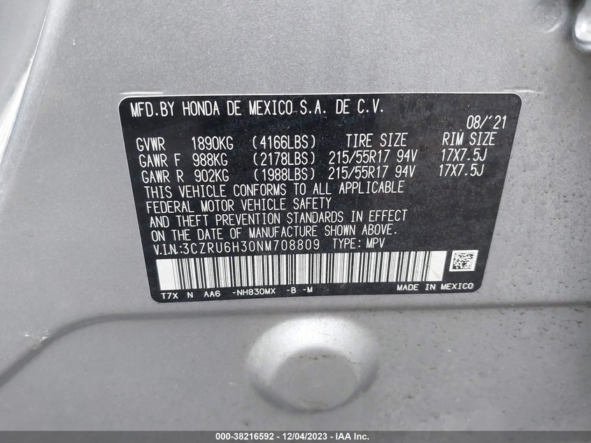 VIN 3CZRU6H30NM708809 2022 HONDA HR-V AWD LX