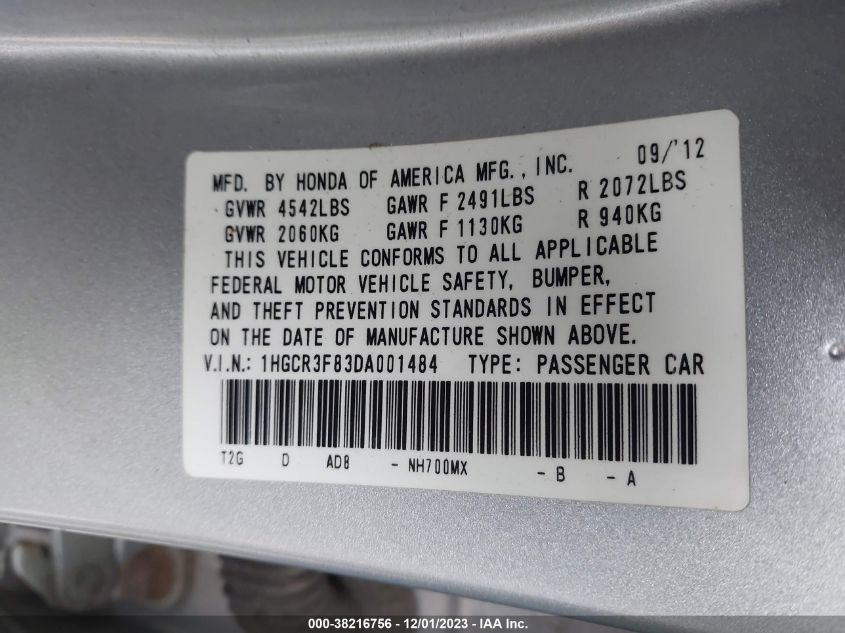 2013 HONDA ACCORD EX-L V-6 - 1HGCR3F83DA001484