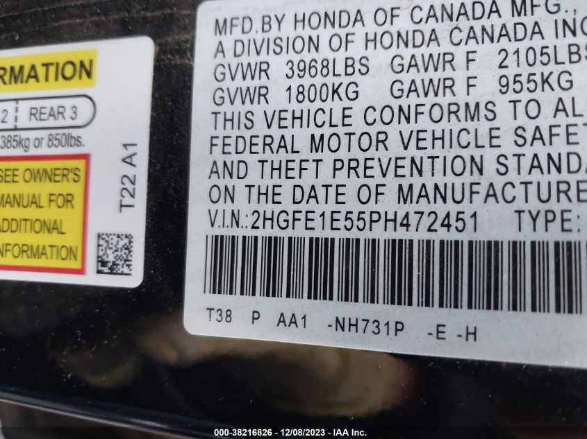 2023 HONDA CIVIC SI SEDAN 2HGFE1E55PH472451