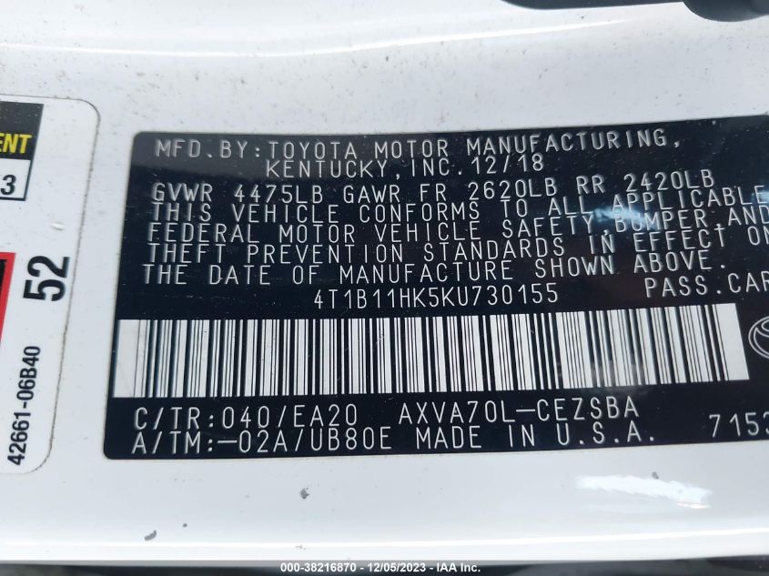 2019 TOYOTA CAMRY L/LE/XLE/SE/XSE - 4T1B11HK5KU730155