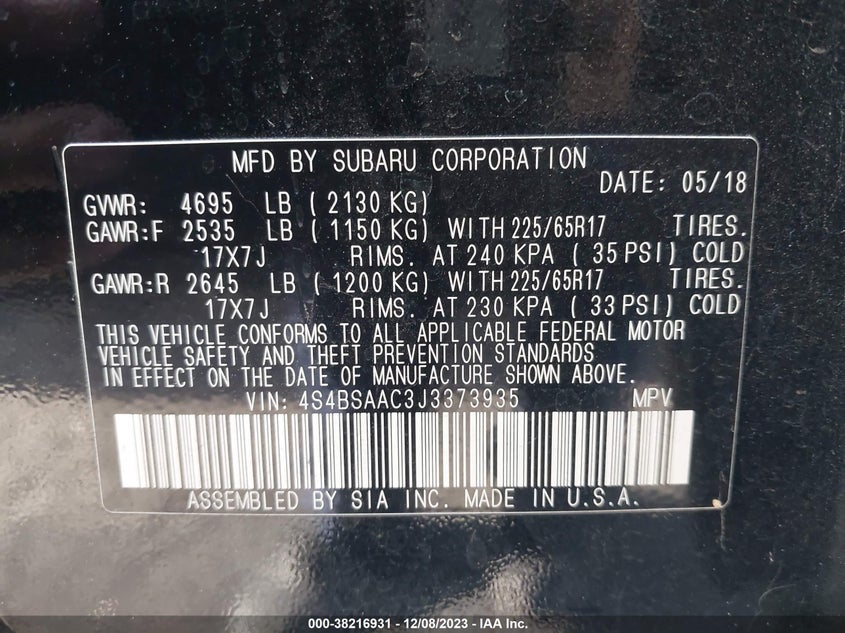 VIN 4S4BSAAC3J3373935 2018 SUBARU OUTBACK 2.5I