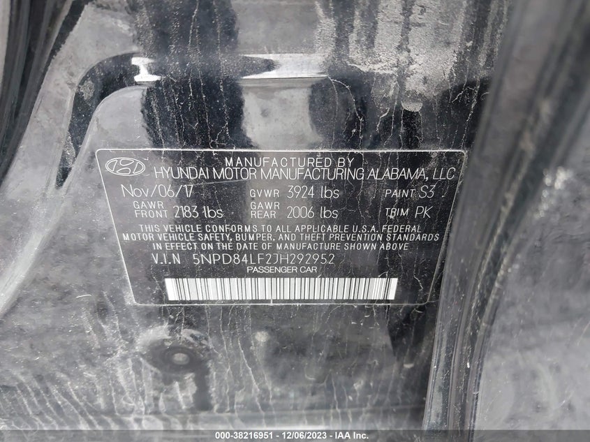 VIN 5NPD84LF2JH292952 2018 HYUNDAI ELANTRA SEL/VALUE/LIMITED