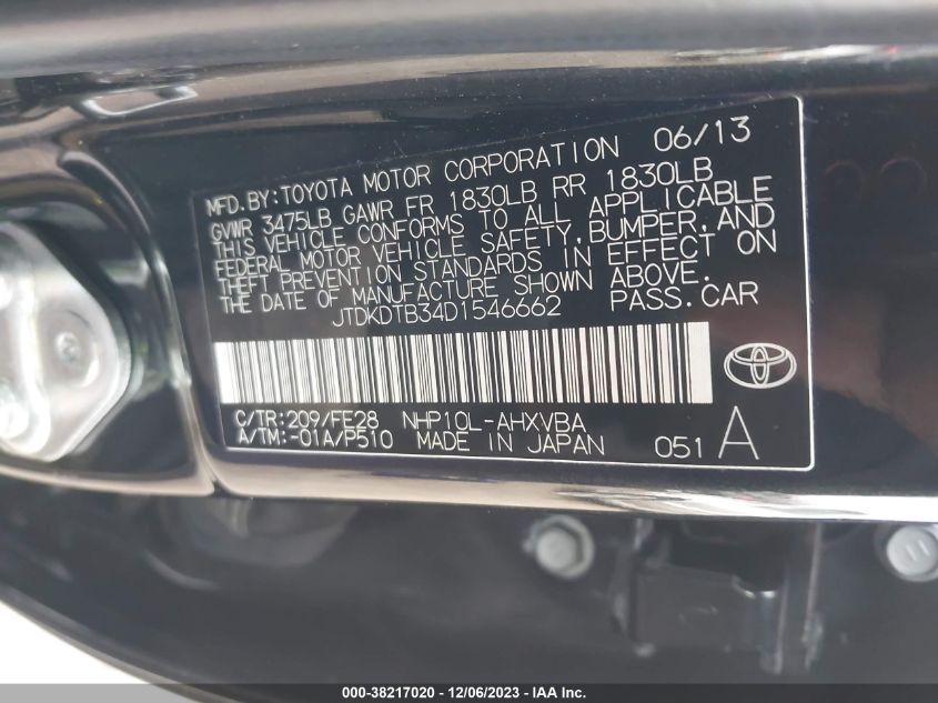 2013 TOYOTA PRIUS C ONE/TWO/THREE/FOUR - JTDKDTB34D1546662
