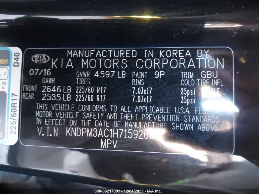 2017 KIA SPORTAGE LX - KNDPM3AC1H7159268