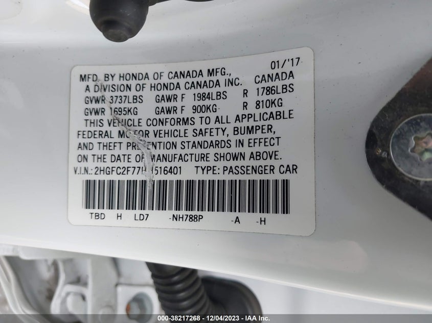 VIN 2HGFC2F77HH516401 2017 HONDA CIVIC EX