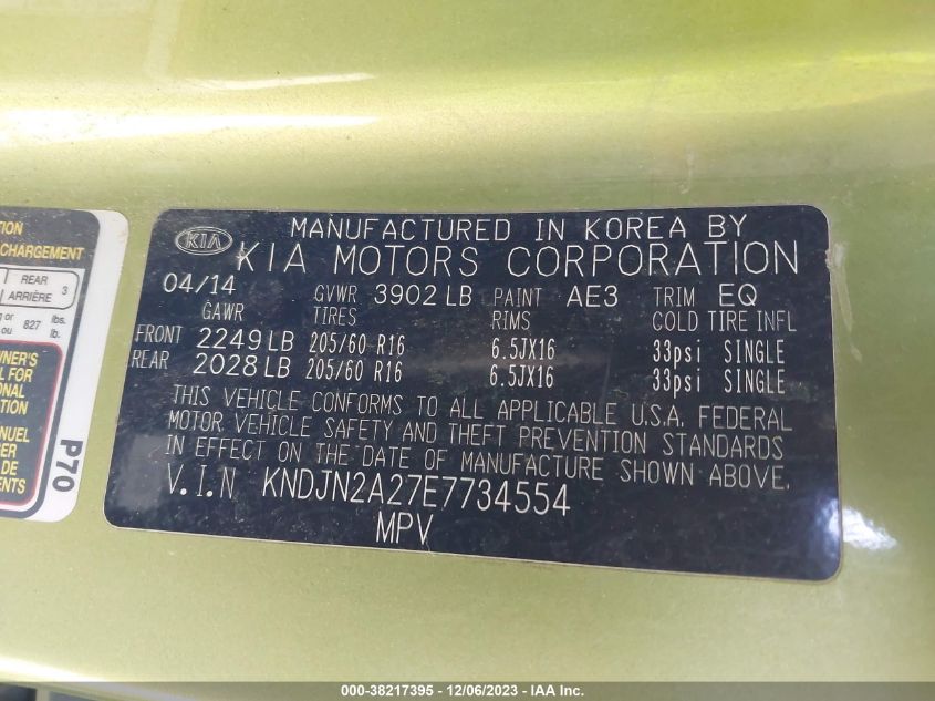 2014 KIA SOUL BASE - KNDJN2A27E7734554