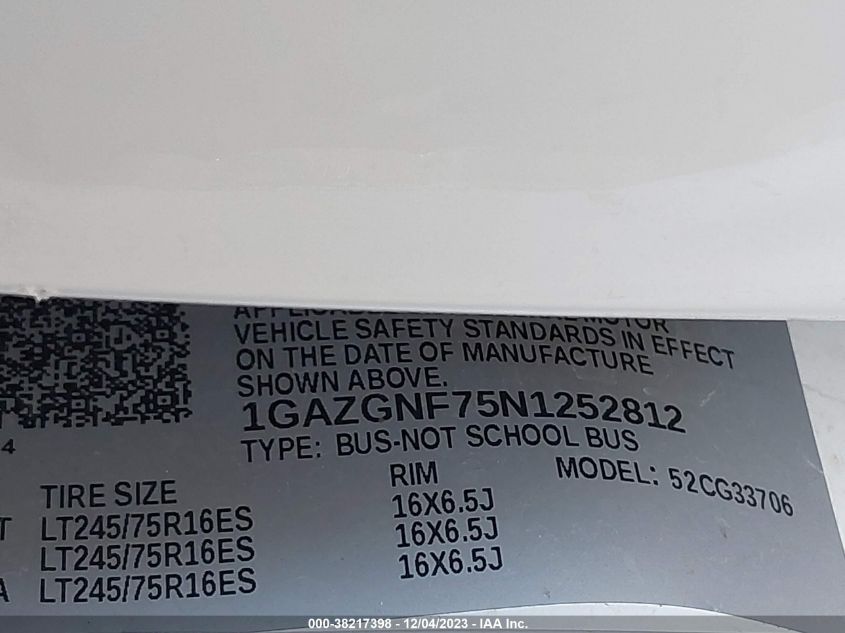2022 CHEVROLET EXPRESS PASSENGER RWD 3500 EXTENDED WHEELBASE LS 1GAZGNF75N1252812