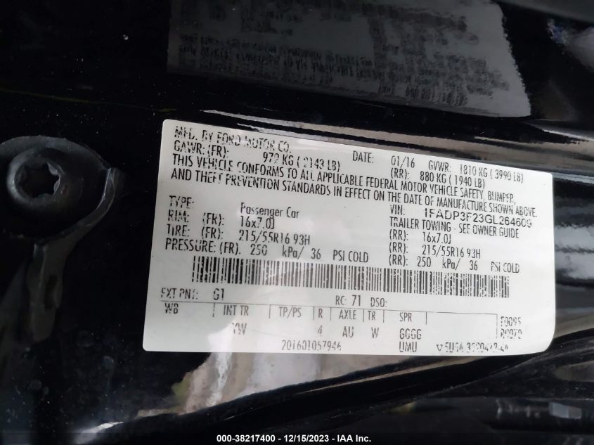 2016 FORD FOCUS SE - 1FADP3F23GL264609