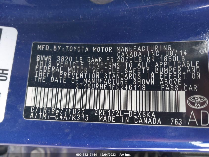 2015 TOYOTA COROLLA L/LE/LE PLS/PRM/S/S PLS - 2T1BURHE1FC246118