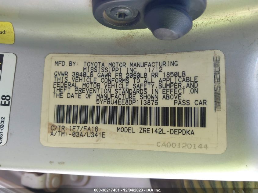 2013 TOYOTA COROLLA L - 5YFBU4EE8DP113876