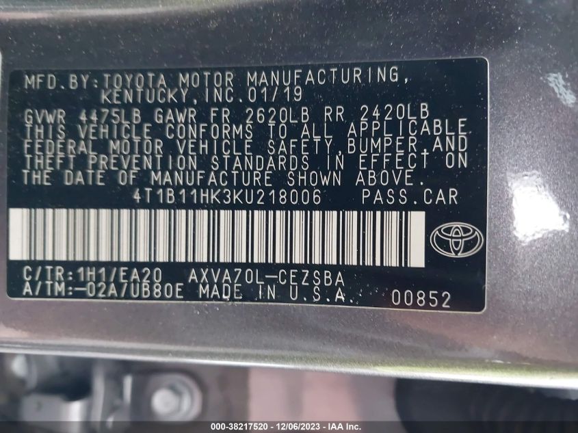 2019 TOYOTA CAMRY SE - 4T1B11HK3KU218006
