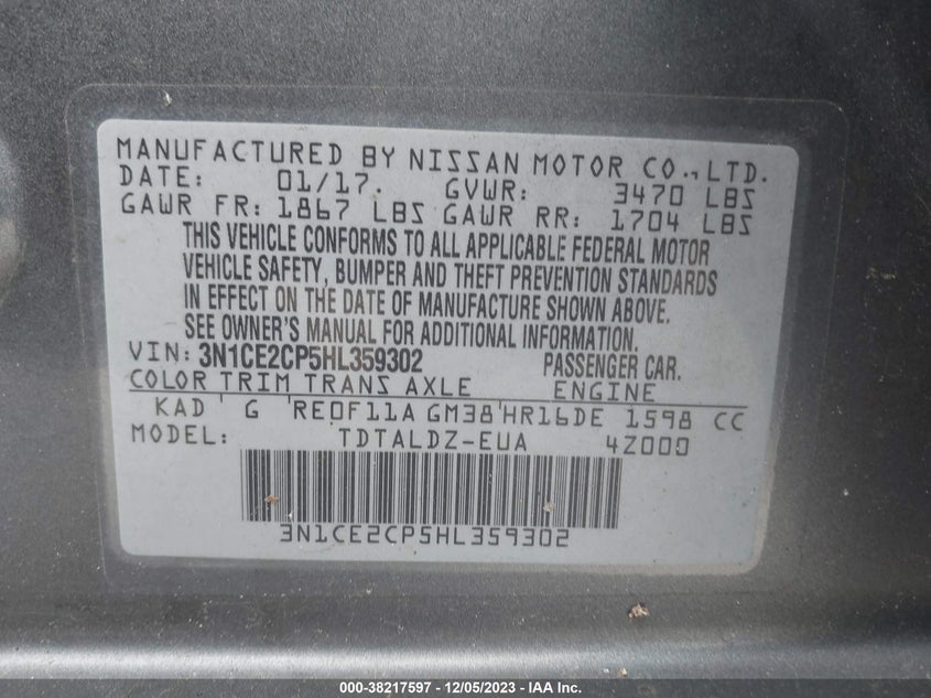 VIN 3N1CE2CP5HL359302 2017 NISSAN VERSA NOTE SV