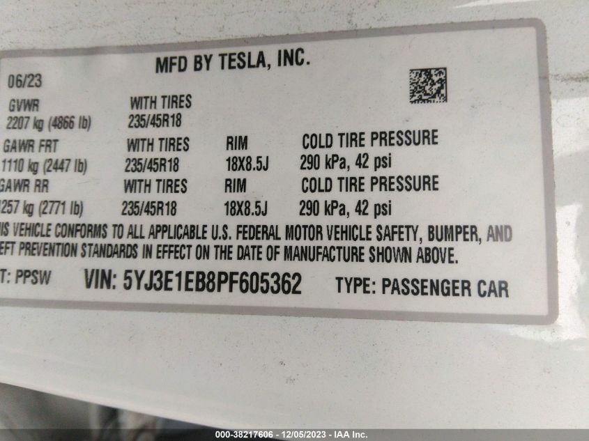 5YJ3E1EB8PF605362 | 2023 TESLA MODEL 3