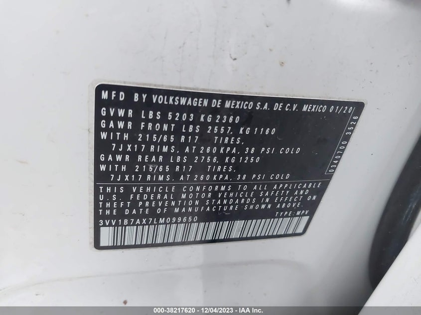 VIN 3VV1B7AX7LM099650 2020 VOLKSWAGEN TIGUAN S