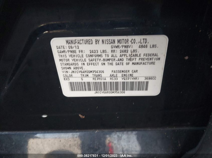 2013 INFINITI G37X X JN1CV6AR0DM754306