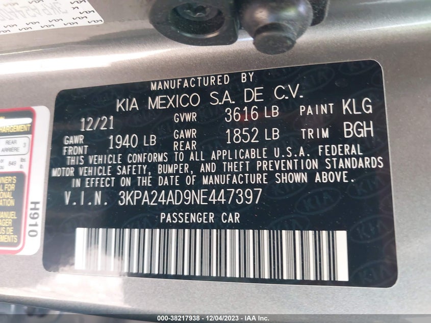 VIN 3KPA24AD9NE447397 2022 KIA RIO LX/S