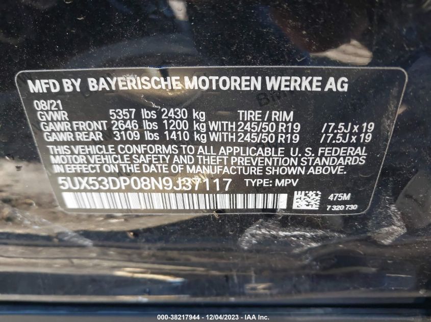 2022 BMW X3 XDRIVE30I - 5UX53DP08N9J37117