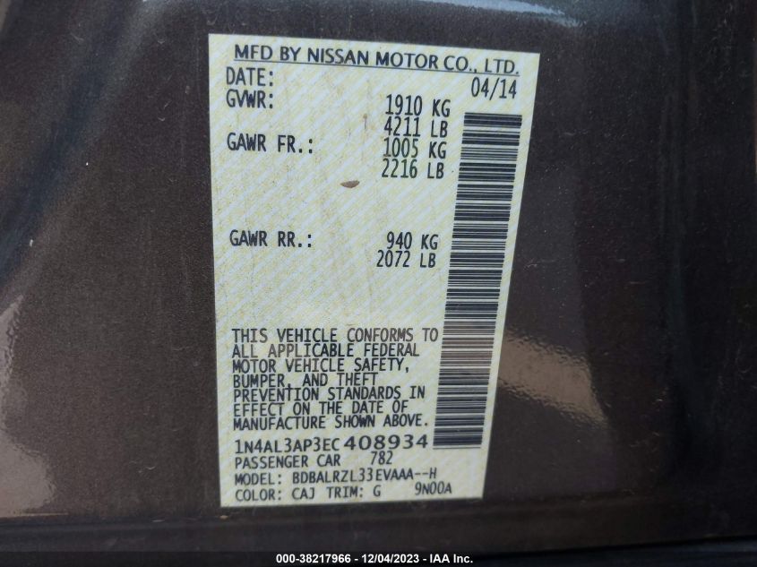 2014 NISSAN ALTIMA 2.5 S - 1N4AL3AP3EC408934
