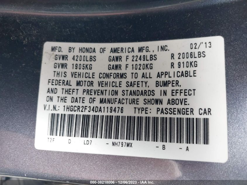 2013 HONDA ACCORD LX - 1HGCR2F34DA119476