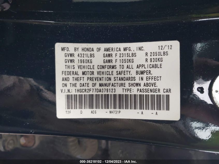 1HGCR2F77DA079123 | 2013 HONDA ACCORD