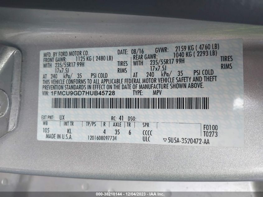 2017 FORD ESCAPE SE - 1FMCU9GD7HUB45728