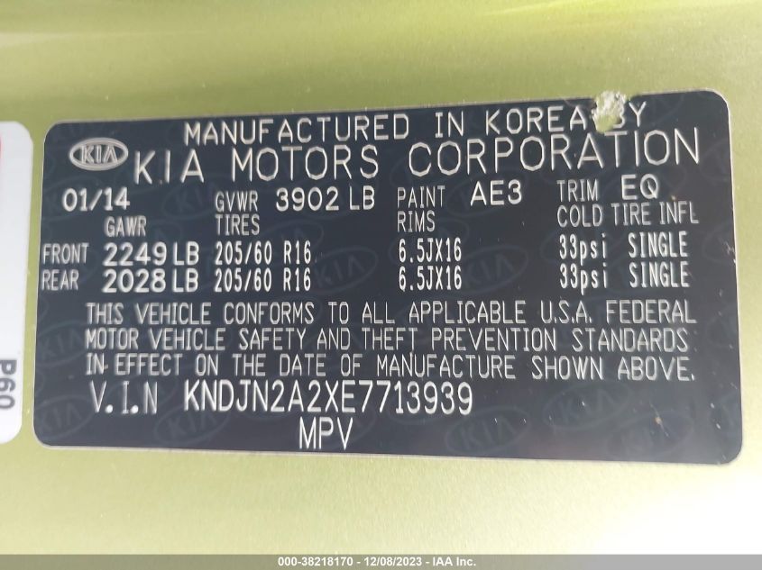2014 KIA SOUL BASE - KNDJN2A2XE7713939