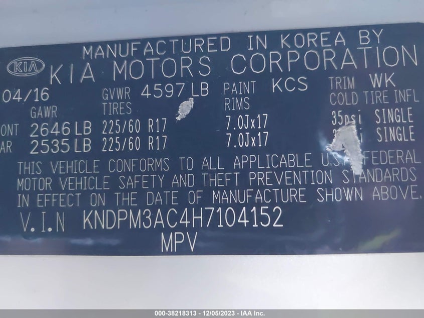 VIN KNDPM3AC4H7104152 2017 KIA SPORTAGE LX