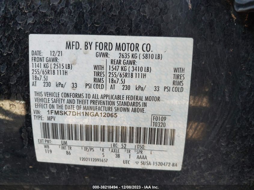 2022 FORD EXPLORER XLT - 1FMSK7DH1NGA12065