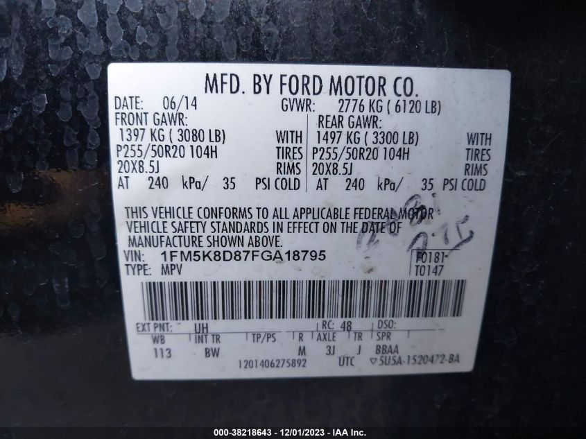 2015 FORD EXPLORER XLT - 1FM5K8D87FGA18795
