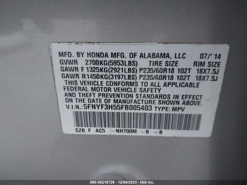 2015 HONDA PILOT EX-L - 5FNYF3H55FB005403