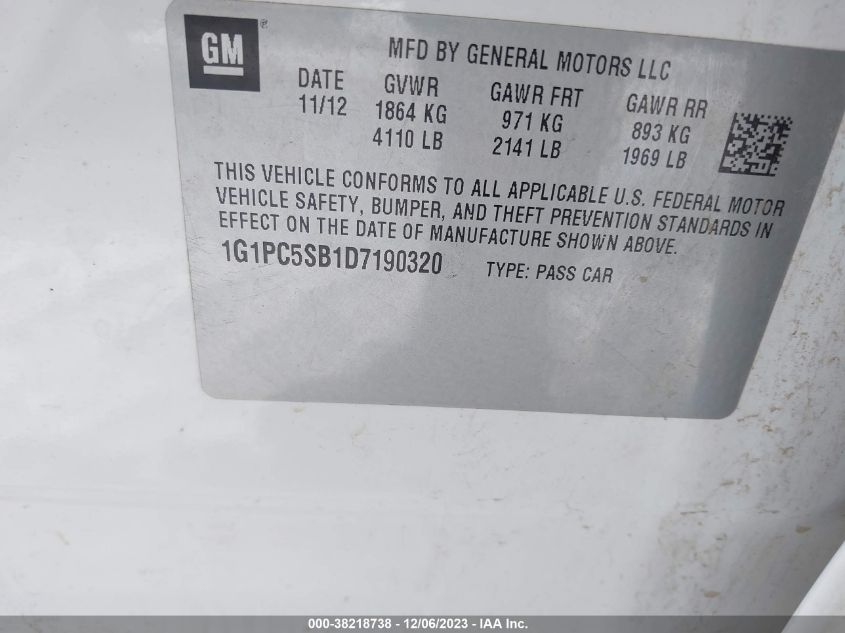2013 CHEVROLET CRUZE LT - 1G1PC5SB1D7190320