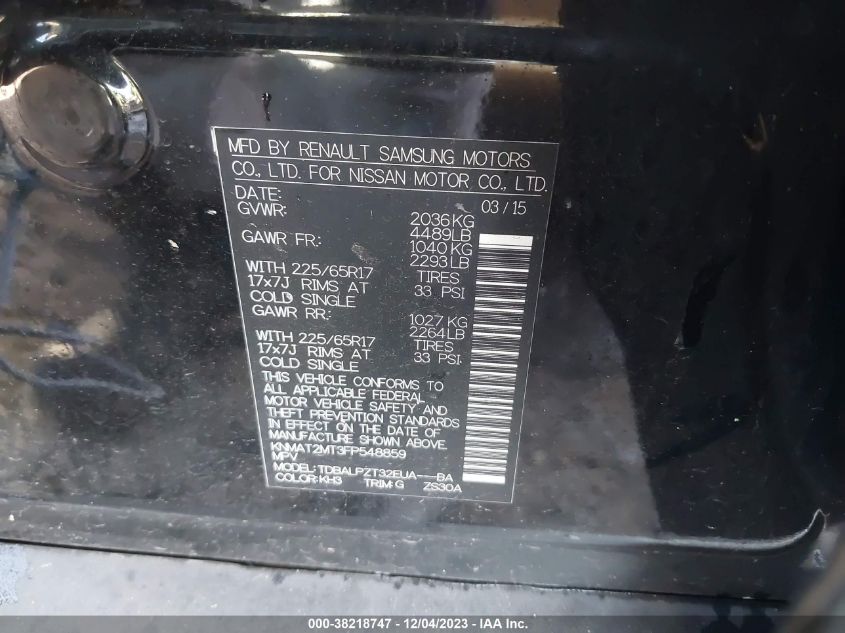 2015 NISSAN ROGUE S/SL/SV - KNMAT2MT3FP548859