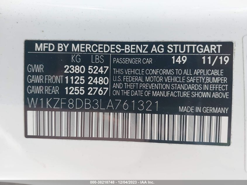 2020 MERCEDES-BENZ E 350 - W1KZF8DB3LA761321