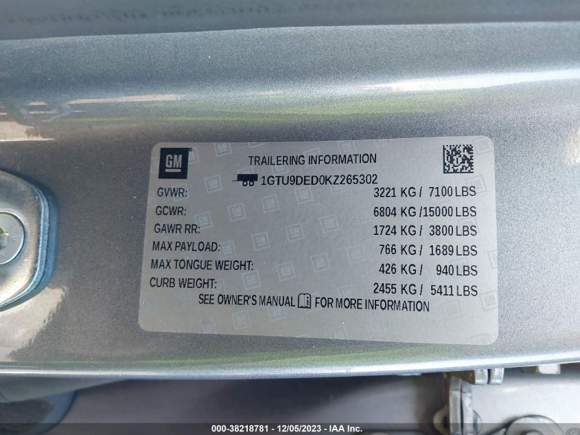 2019 GMC SIERRA 1500 SLT - 1GTU9DED0KZ265302