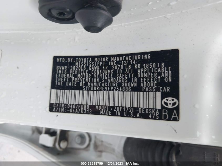 2015 TOYOTA COROLLA L/LE/LE PLUS - 5YFBURHE9FP254886