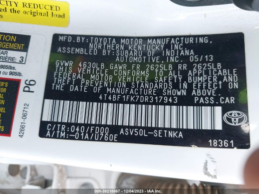 2013 TOYOTA CAMRY LE - 4T4BF1FK7DR317943