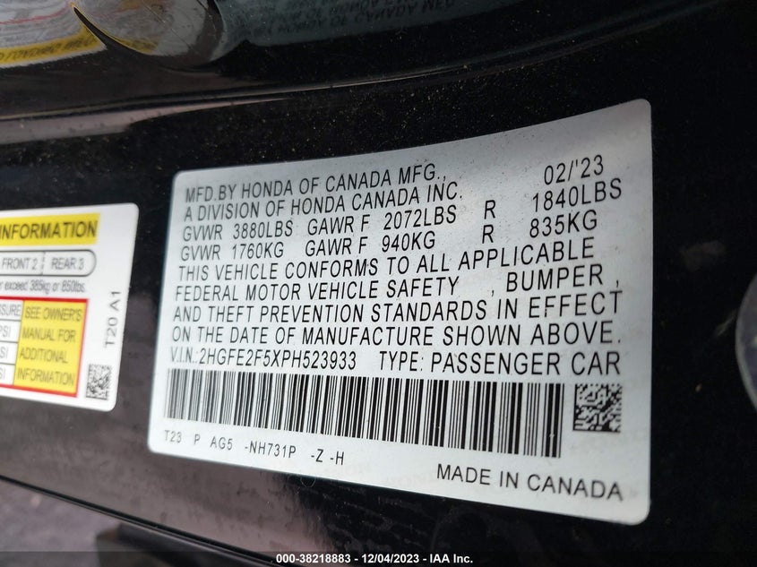 VIN 2HGFE2F5XPH523933 2023 HONDA CIVIC SPORT