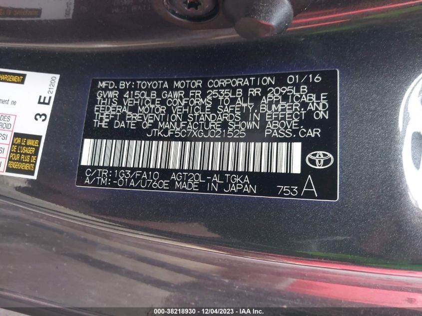 2016 TOYOTA SCION TC - JTKJF5C7XGJ021525